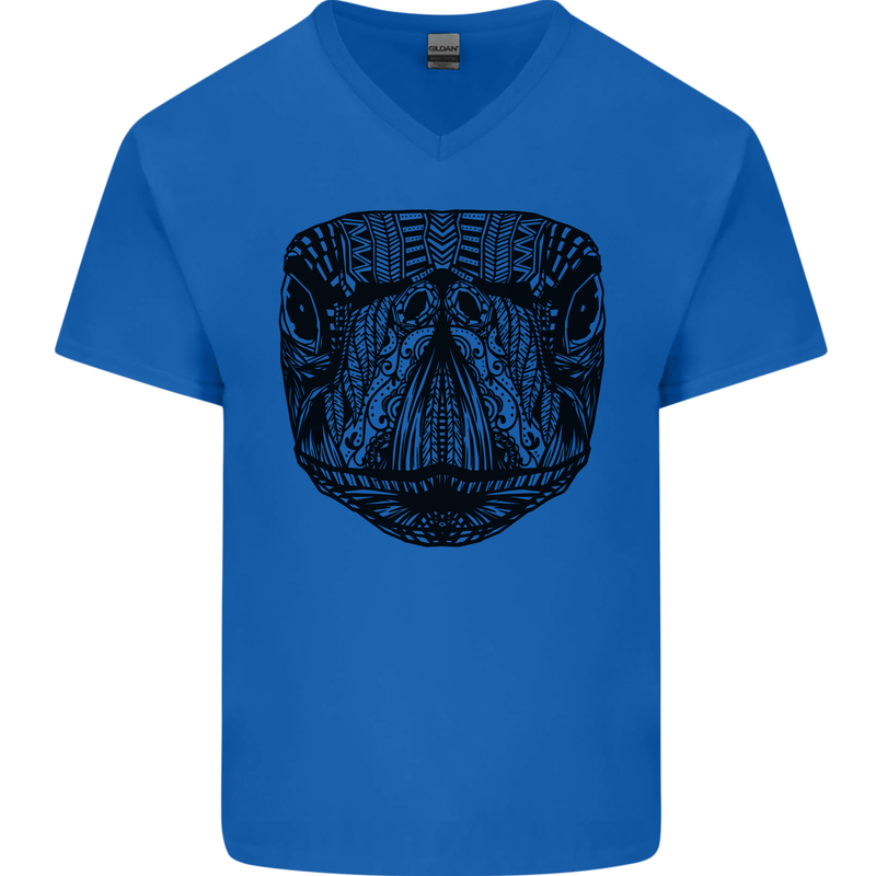 A Mandala Turtle Head Tribal Tortoise Mens V-Neck Cotton T-Shirt Royal Blue