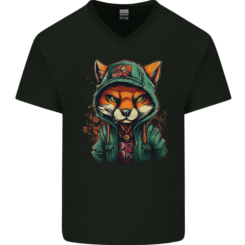 A Mischievous Fox Mens V-Neck Cotton T-Shirt Black
