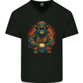 A Monkey Drummer Mens V-Neck Cotton T-Shirt Black