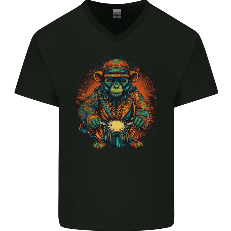 A Monkey Drummer Mens V-Neck Cotton T-Shirt Black