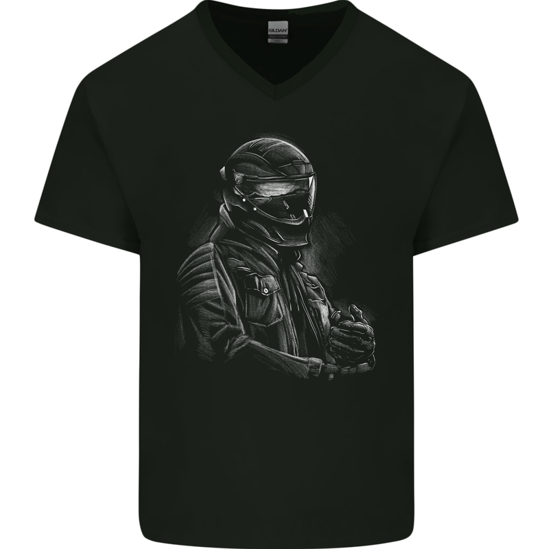 A Monochrome Biker Motorcycle Motorbike Mens V-Neck Cotton T-Shirt Black