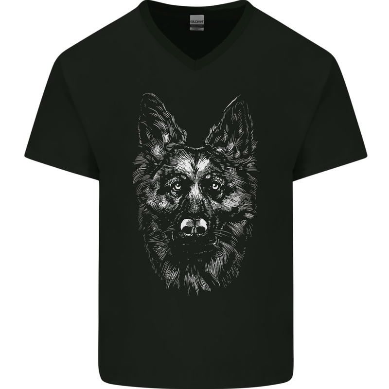 A Monochrome German Shepherd Alsatian Dog Mens V-Neck Cotton T-Shirt Black