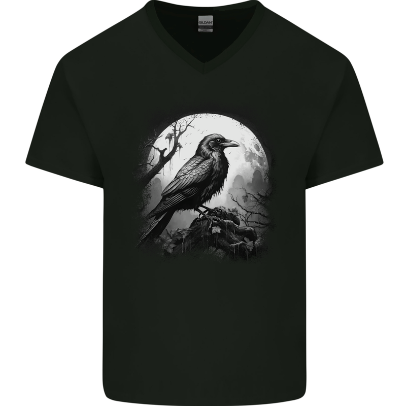 A Moonlit Raven Vikings Fantasy Mythology Crow Mens V-Neck Cotton T-Shirt Black