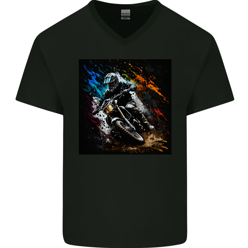 A Motocross Illustration MotoX Dirt Bike Motorsports Mens V-Neck Cotton T-Shirt Black