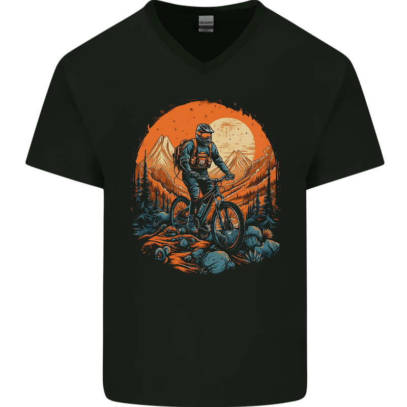 A Mountain Biker in the Wilderness Bike MTB Mens V-Neck Cotton T-Shirt Black