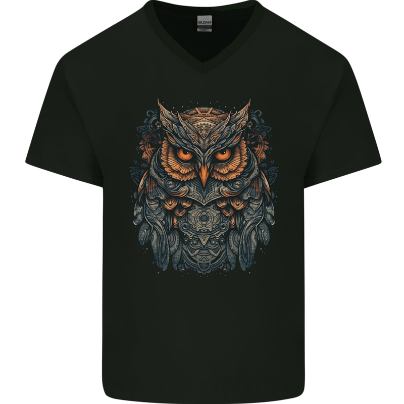 A Mythical Owl Fantasy Tribal Mens V-Neck Cotton T-Shirt Black