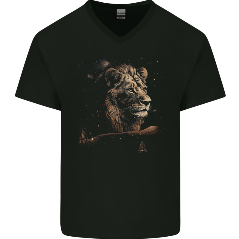 A Pensive Lion in the Desert Mens V-Neck Cotton T-Shirt Black