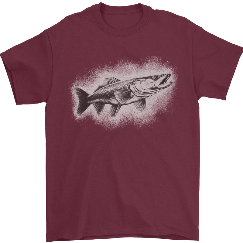 A Pike Fish Drawing Fishing Fisherman Mens T-Shirt 100% Cotton Maroon