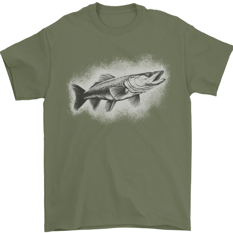A Pike Fish Drawing Fishing Fisherman Mens T-Shirt 100% Cotton Military Green