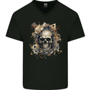 A Poker Skull Playing Cards Mens V-Neck Cotton T-Shirt Black