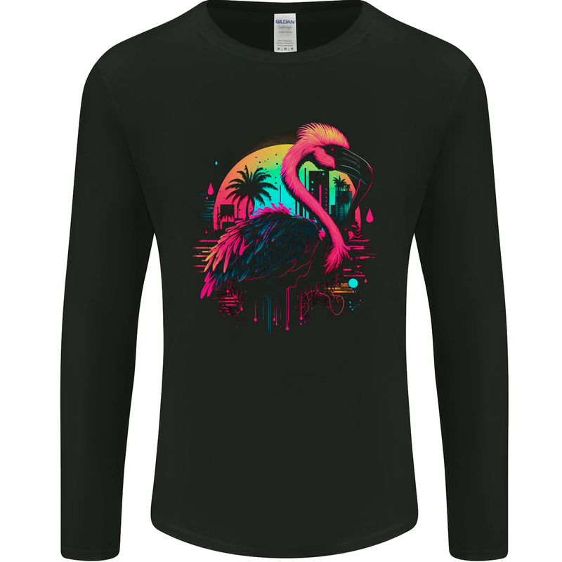 A Retro Flamingo Mens Long Sleeve T-Shirt Black