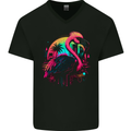 A Retro Flamingo Mens V-Neck Cotton T-Shirt Black
