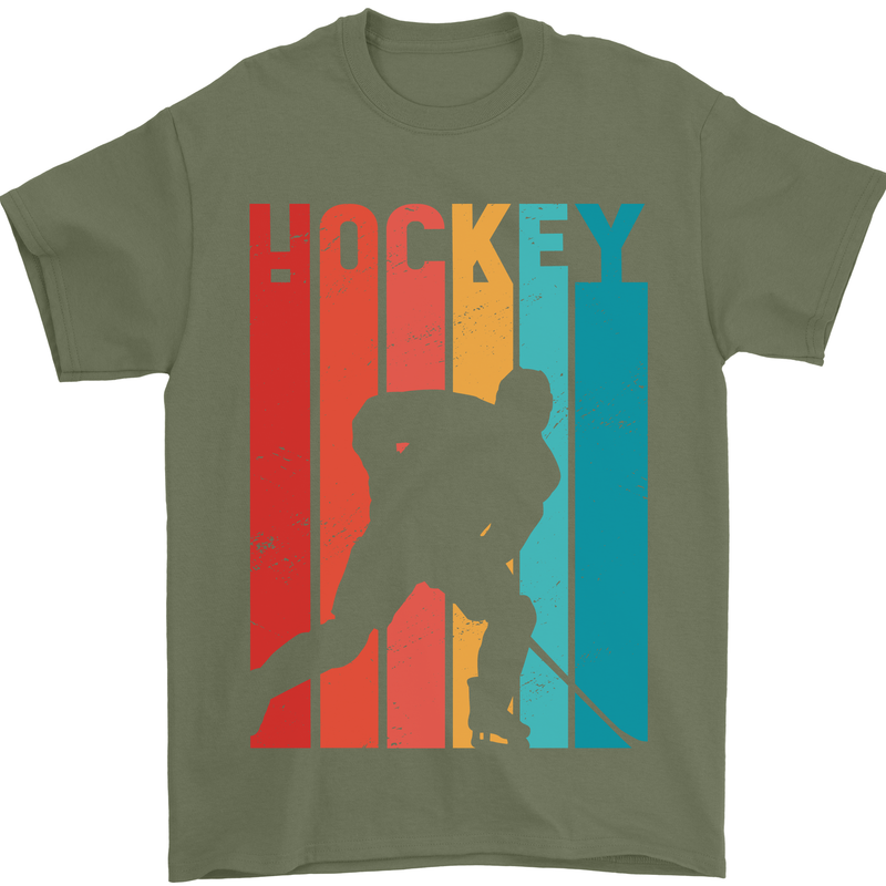 A Retro Ice Hockey Player Mens T-Shirt 100% Cotton Military Green