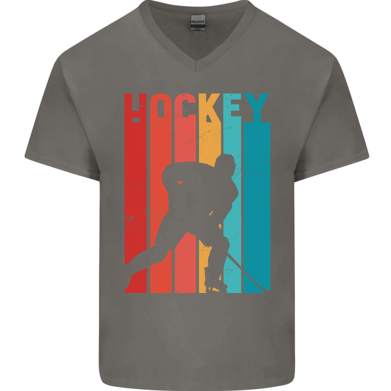 A Retro Ice Hockey Player Mens V-Neck Cotton T-Shirt Charcoal
