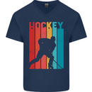 A Retro Ice Hockey Player Mens V-Neck Cotton T-Shirt Navy Blue