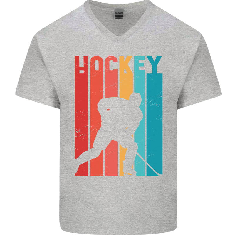 A Retro Ice Hockey Player Mens V-Neck Cotton T-Shirt Sports Grey