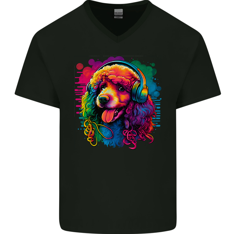 A Retro Poodle Dog Mens V-Neck Cotton T-Shirt Black