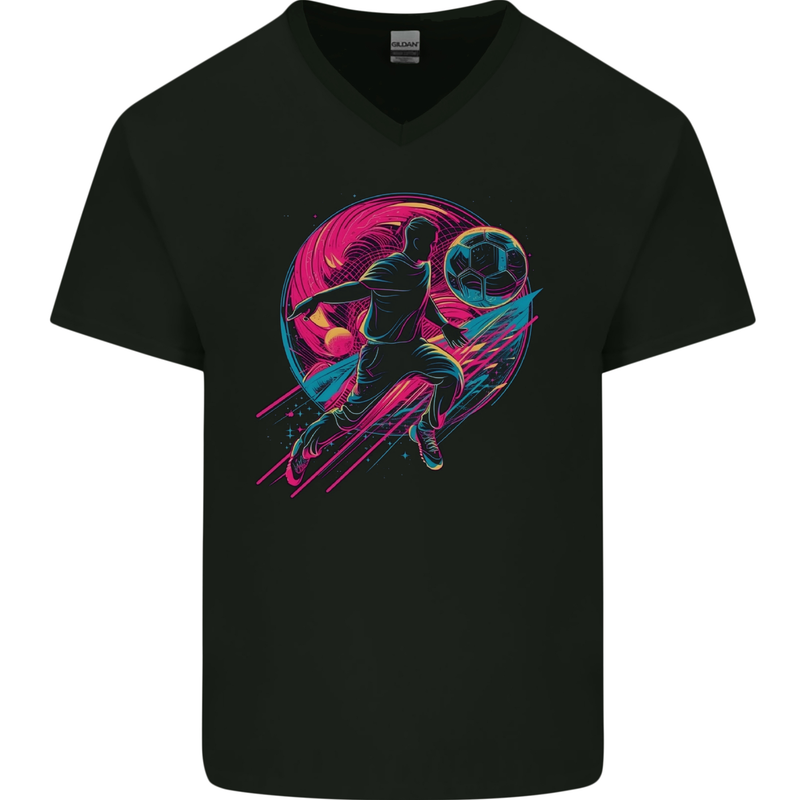 A Retrowave Football Player Soccer Mens V-Neck Cotton T-Shirt Black