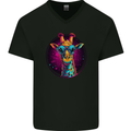 A Retrowave Giraffe Mens V-Neck Cotton T-Shirt Black