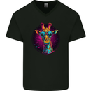 A Retrowave Giraffe Mens V-Neck Cotton T-Shirt Black