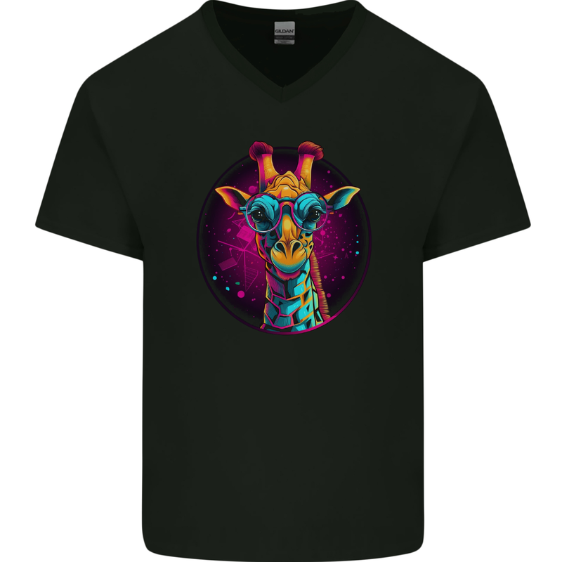 A Retrowave Giraffe Mens V-Neck Cotton T-Shirt Black