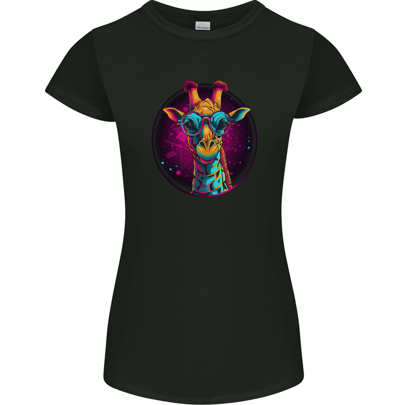 A Retrowave Giraffe Womens Petite Cut T-Shirt Black