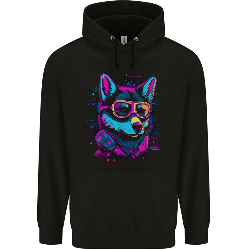 A Retrowave Husky Dog Mens 80% Cotton Hoodie Black