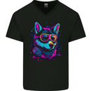 A Retrowave Husky Dog Mens V-Neck Cotton T-Shirt Black