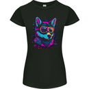 A Retrowave Husky Dog Womens Petite Cut T-Shirt Black