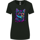 A Retrowave Husky Dog Womens Wider Cut T-Shirt Black
