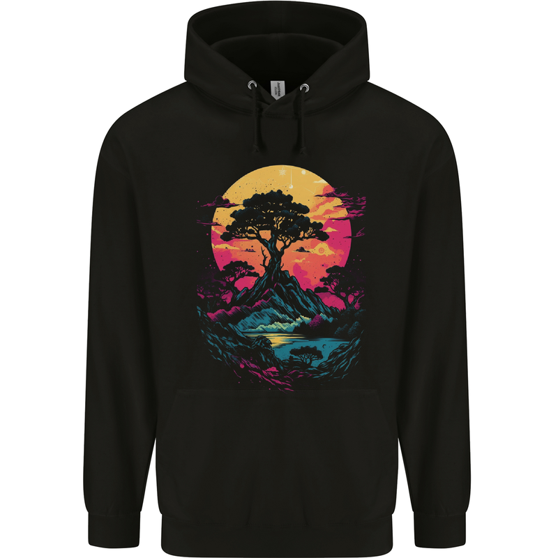 A Retrowave Landscape Outdoors Hiking Childrens Kids Hoodie Black