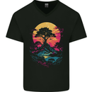 A Retrowave Landscape Outdoors Hiking Mens V-Neck Cotton T-Shirt Black