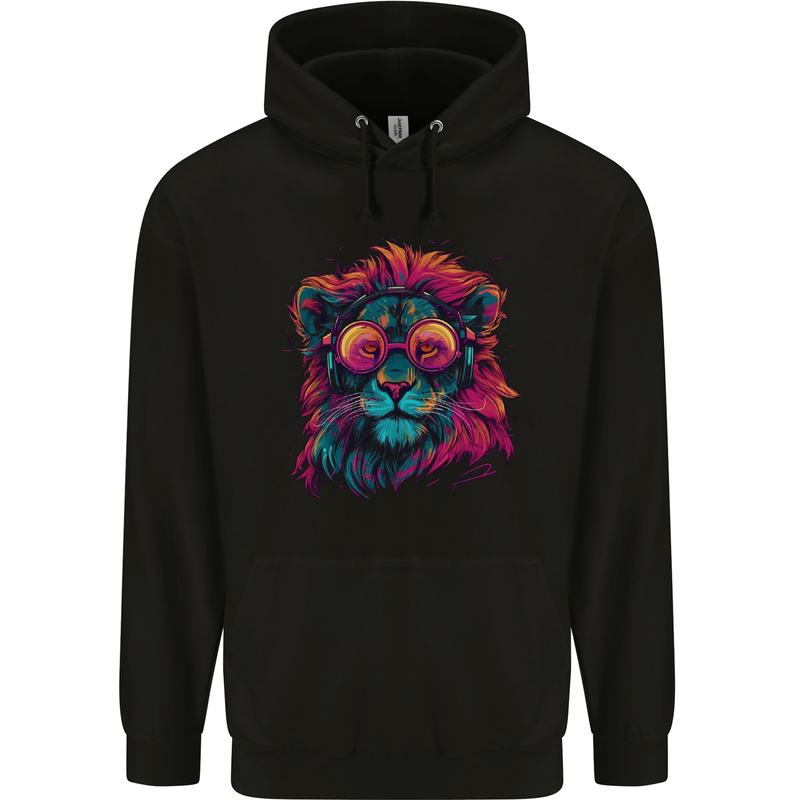 A Retrowave Lion Mens 80% Cotton Hoodie Black