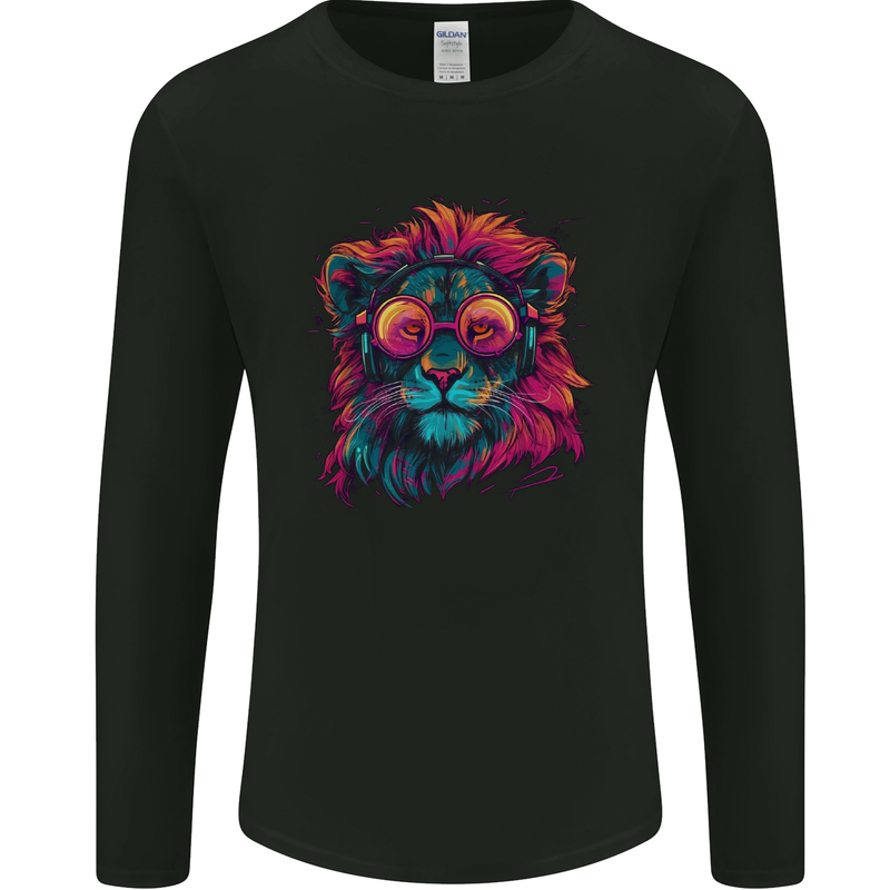A Retrowave Lion Mens Long Sleeve T-Shirt Black