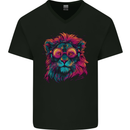 A Retrowave Lion Mens V-Neck Cotton T-Shirt Black