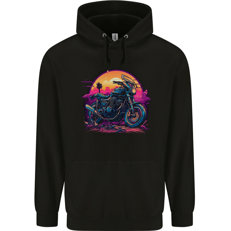 A Retrowave Motorbike Motorcycle Biker Childrens Kids Hoodie Black