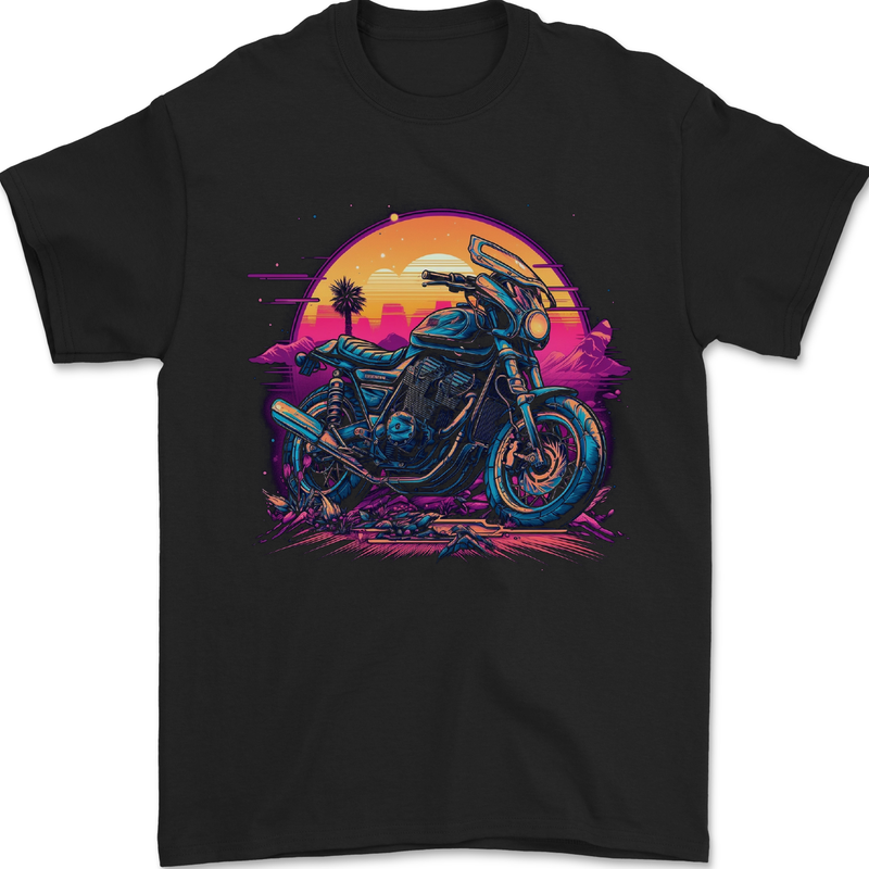 A Retrowave Motorbike Motorcycle Biker Mens T-Shirt 100% Cotton Black