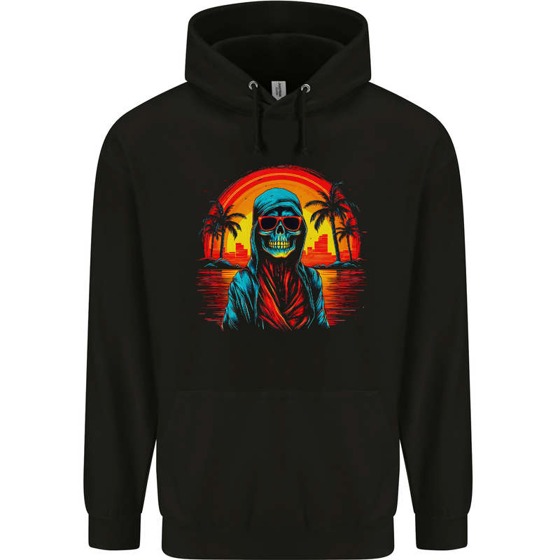 A Retrowave Skeleton Holiday Sunset Skull Mens 80% Cotton Hoodie Black