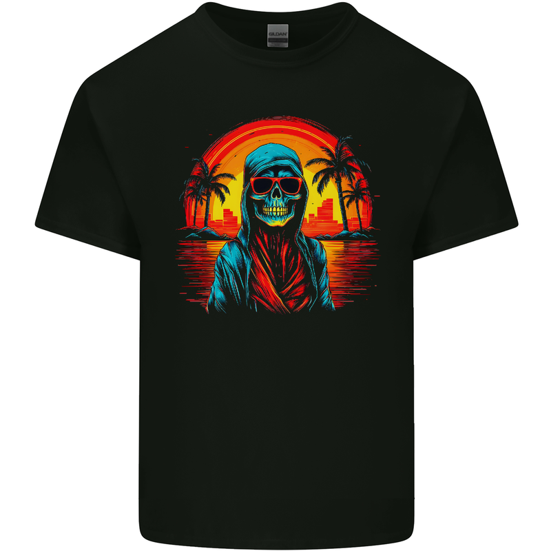 A Retrowave Skeleton Holiday Sunset Skull Mens Cotton T-Shirt Tee Top Black