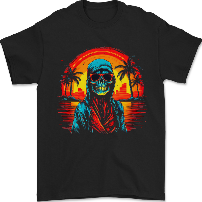 A Retrowave Skeleton Holiday Sunset Skull Mens T-Shirt 100% Cotton Black