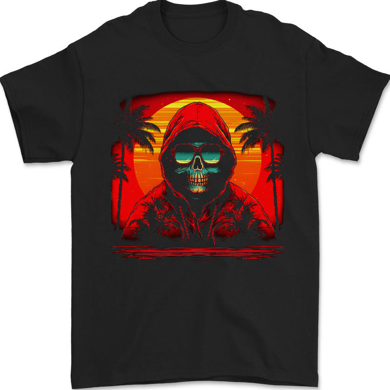 A Retrowave Skeleton With Holiday Sunset Skull Mens T-Shirt 100% Cotton Black