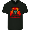 A Retrowave Skeleton With Holiday Sunset Skull Mens V-Neck Cotton T-Shirt Black