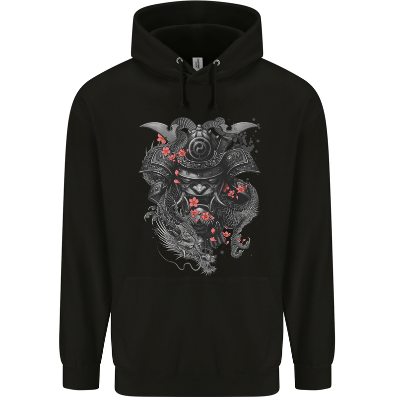 A Samurai Head with Dragons Warrior MMA Mens 80% Cotton Hoodie Black