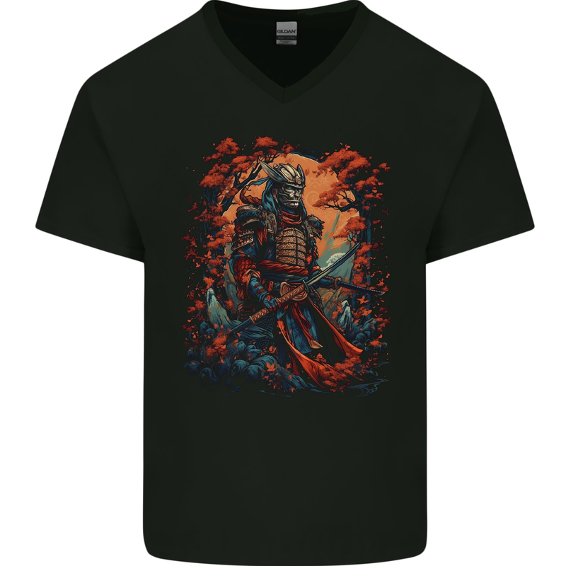 A Samurai Warrior With Swords Katana Kenjutsu Mens V-Neck Cotton T-Shirt Black