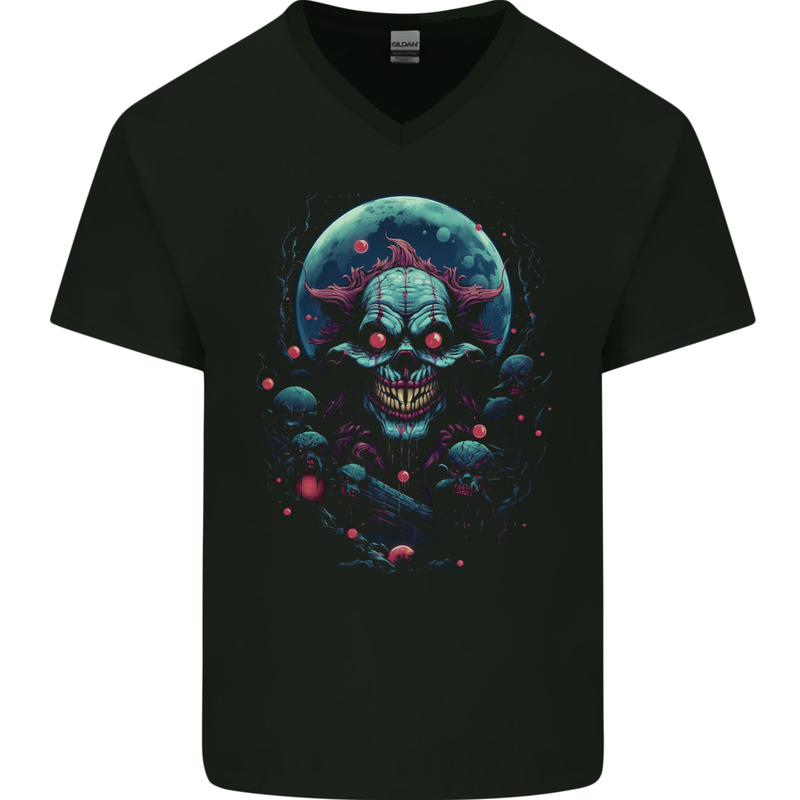 A Scary Clown in Front of a Full Moon Halloween Mens V-Neck Cotton T-Shirt Black
