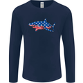 A Shark in American Flag USA Mens Long Sleeve T-Shirt Navy Blue