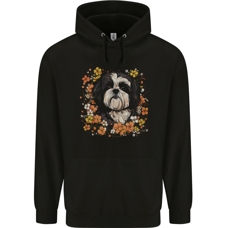 A Shih Tzu Dog Surrounded by Flowers Childrens Kids Hoodie Black