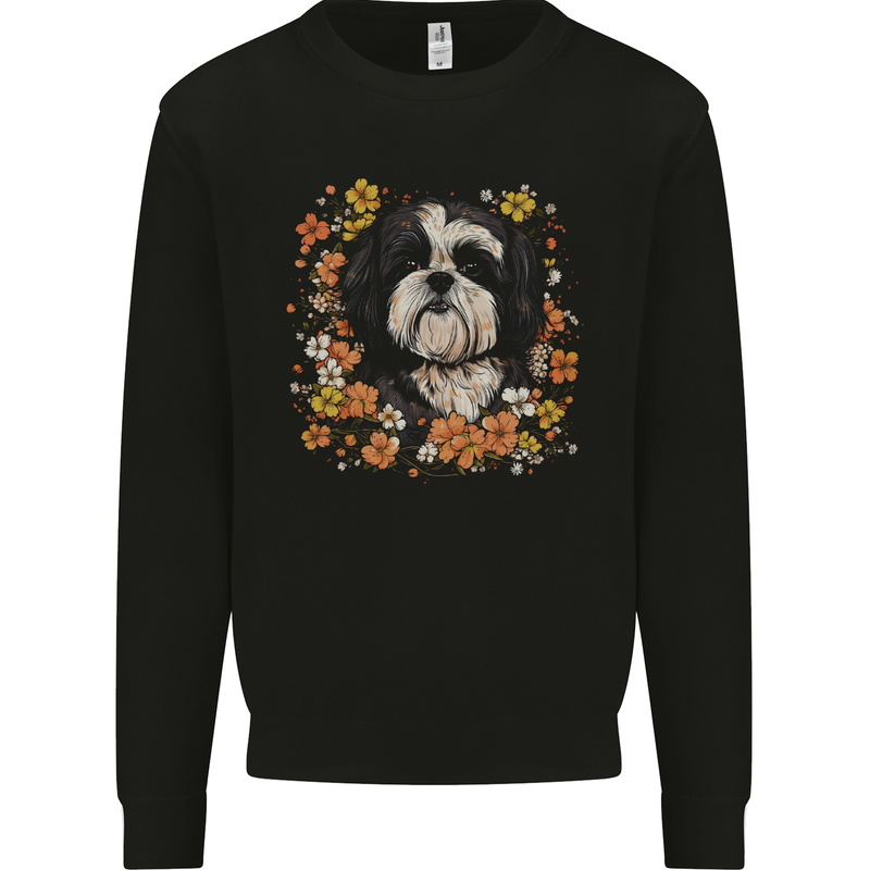 A Shih Tzu Dog Surrounded by Flowers Kids Sweatshirt Jumper Black