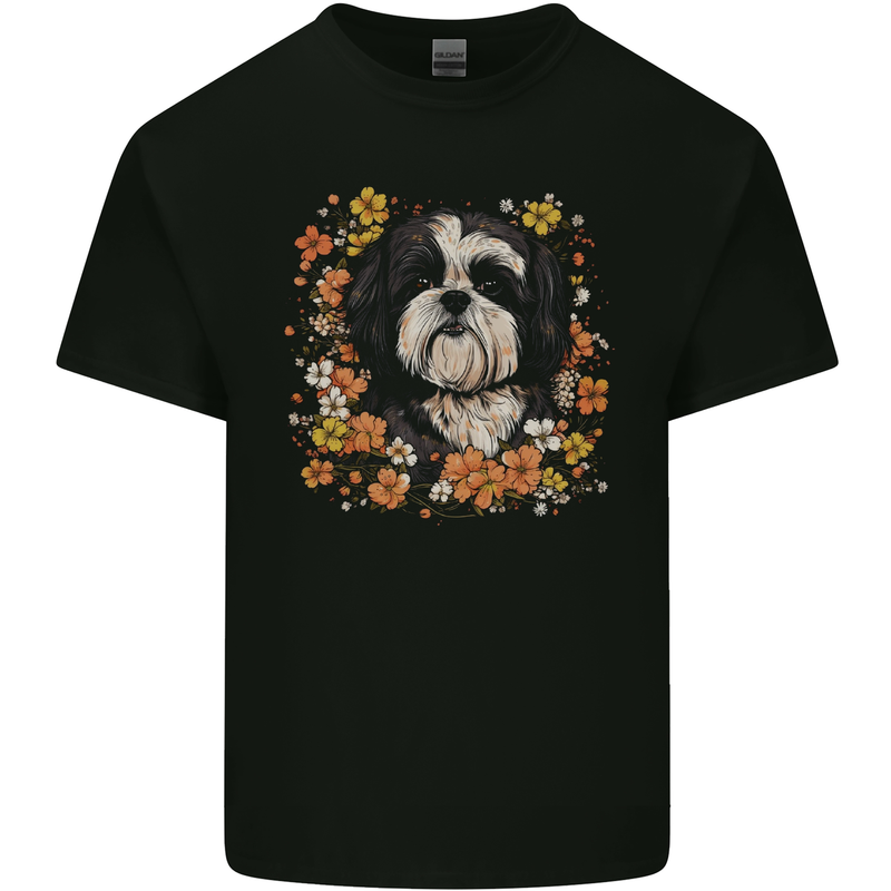 A Shih Tzu Dog Surrounded by Flowers Kids T-Shirt Childrens Black