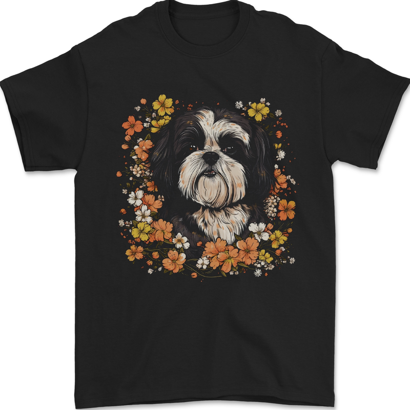 A Shih Tzu Dog Surrounded by Flowers Mens T-Shirt 100% Cotton Black